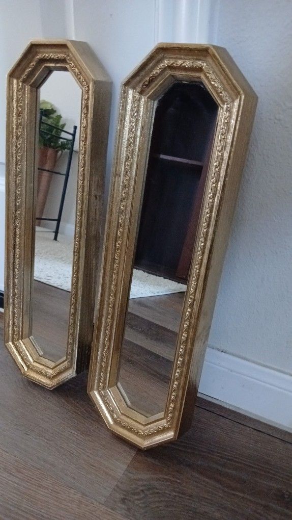 18x6" Inches Homco Syroco Vintage Wall Mirrors Long Rectangle Plaque Gold Bronze Tone Set of 2 | 1960s Near 45s Zip Code 77075