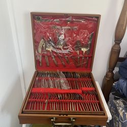 145 Pieces Vintage VU Solid Nickel Bronze Flatware Teak Wood Case