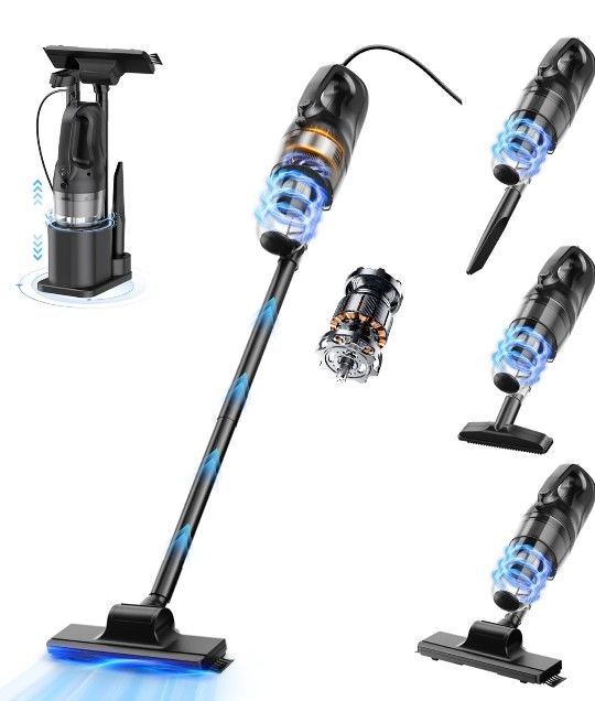 Corded Stick Vacuum Cleaner, 20Kpa Powerful Suction Stick Vacuum with 23Ft Cord, 6 in 1 Lightweight Vacuum Cleaner for Hard Floor Pet Hair, Black