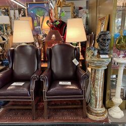 Pair Vintage Burgundy Leather Studded Chairs