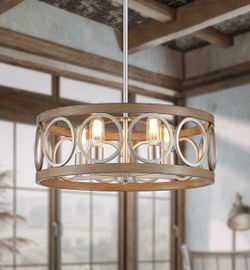 XINGQI 21.7" Drum Chandelier, Farmhouse Dining Room Light Fixture, Wood Grain Brushed Nickel Kitchen Lighting 5 Light with Round Metal Shade Vintage H