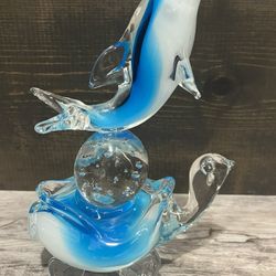 Hand Blown Art Glass Dolphin And Turtle Figurine 
