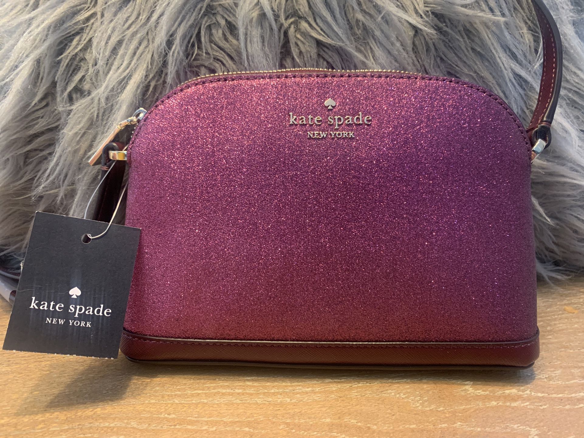 Brand new with tags  Kate Spade NEW dome crossbody glitter fabric deep berry tinsel bag   