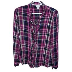 Chico's Purple Navy Ruffled Plaid Button Down Blouse