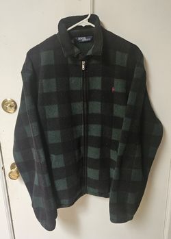 Vintage 80s Black and Green Polo Flannel Fleece Zip Up Sweater 