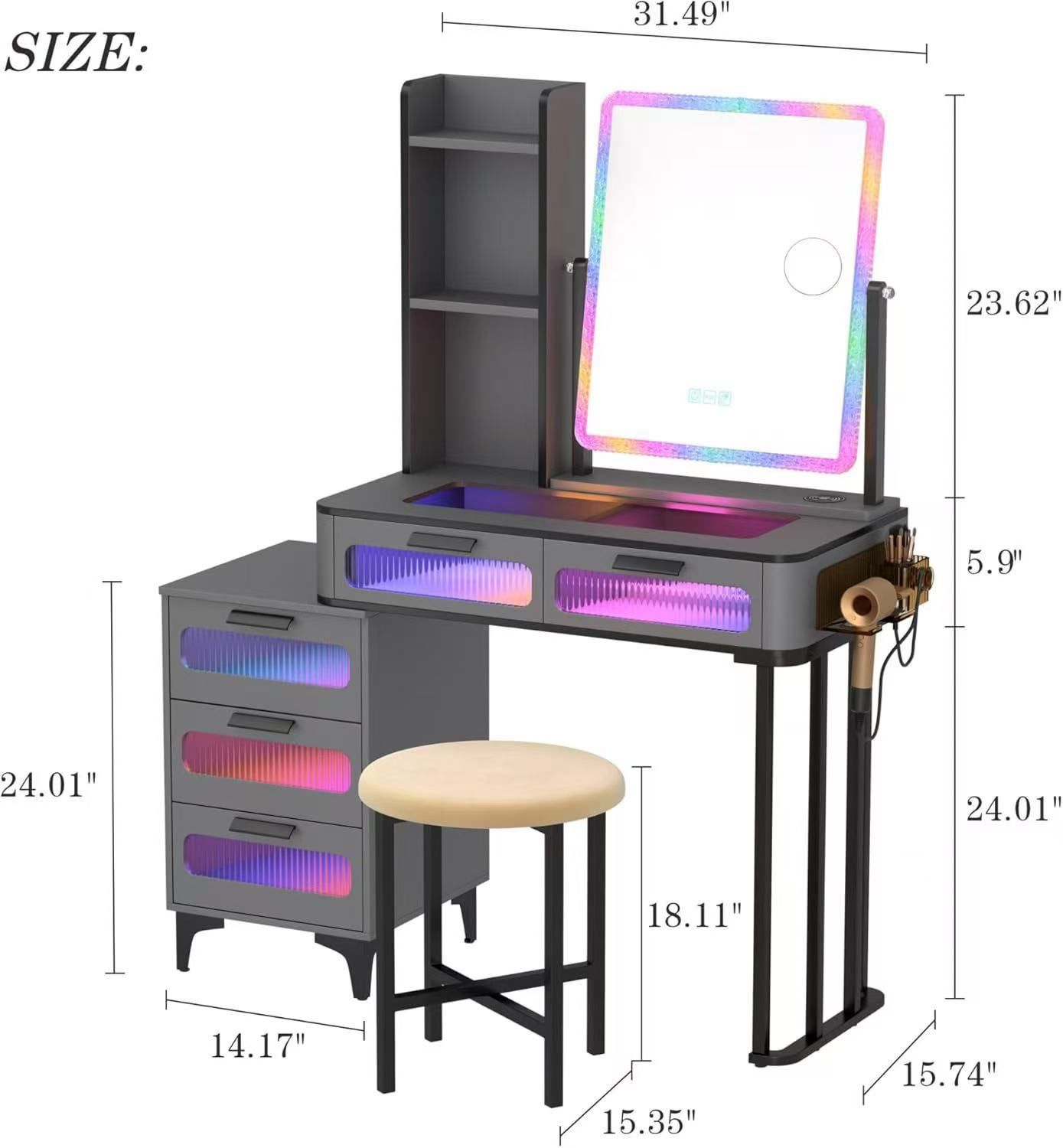 🥨Vanity Desk with Mirror & Lights, Glam Glass Top Makeup Desk with Hidden&Open Storage Shelves,Makeup Vanity with 5Drawers&Cushioned Stool, Grey