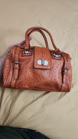 Bolo Faux Ostrich Leather Top-Handle Bag - Cognac / Burnt Orange