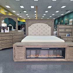 Fire Place Bed Frame Extra Tall Headboard King Bedroom Set  
