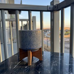 Blue Geometric Ceramic Pot with Wood Stand
