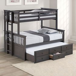 Brand New Grey Twin over Full Bunk Bed w Trundle Bed + Drawers