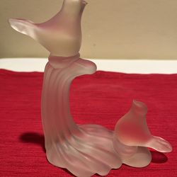 Vintage Frosted Pink Glass 6" Love Birds Crowning Touch Hallmark Figurine