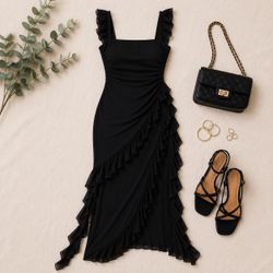 Ecirod Black Ruffle Maxi Dress L