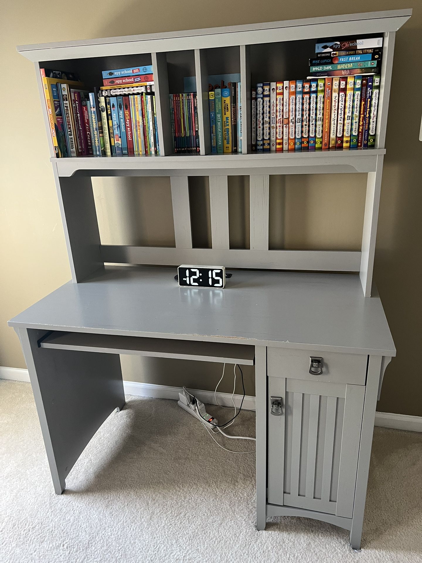 Gray Office Desk With Bookshelf
