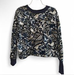 Navy blue and gold paisley print long sleeve sweater