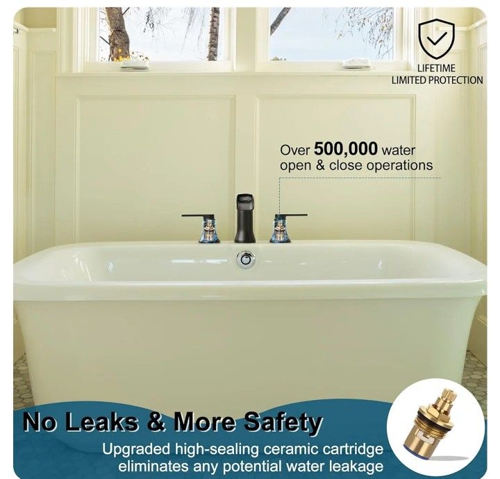Solid Brass Waterfall Bathtub Faucets Set, 3 Hole Matte Black Tub Faucet 2 Handle, High Flow Roman Tub Faucets Widespread 6-16 Inch Deck Mount