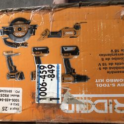 RIDGID 18V 5-Tool Combo Kit – $350 	•	Complete cordless set: drill/driver, impact driver, circular saw, reciprocating saw, and multi-tool 	•	Includes 