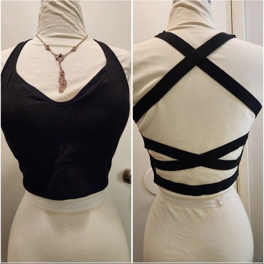 Strappy Black Sports Bra Crisscross Back Padded Sz M 36-C / 38-B New