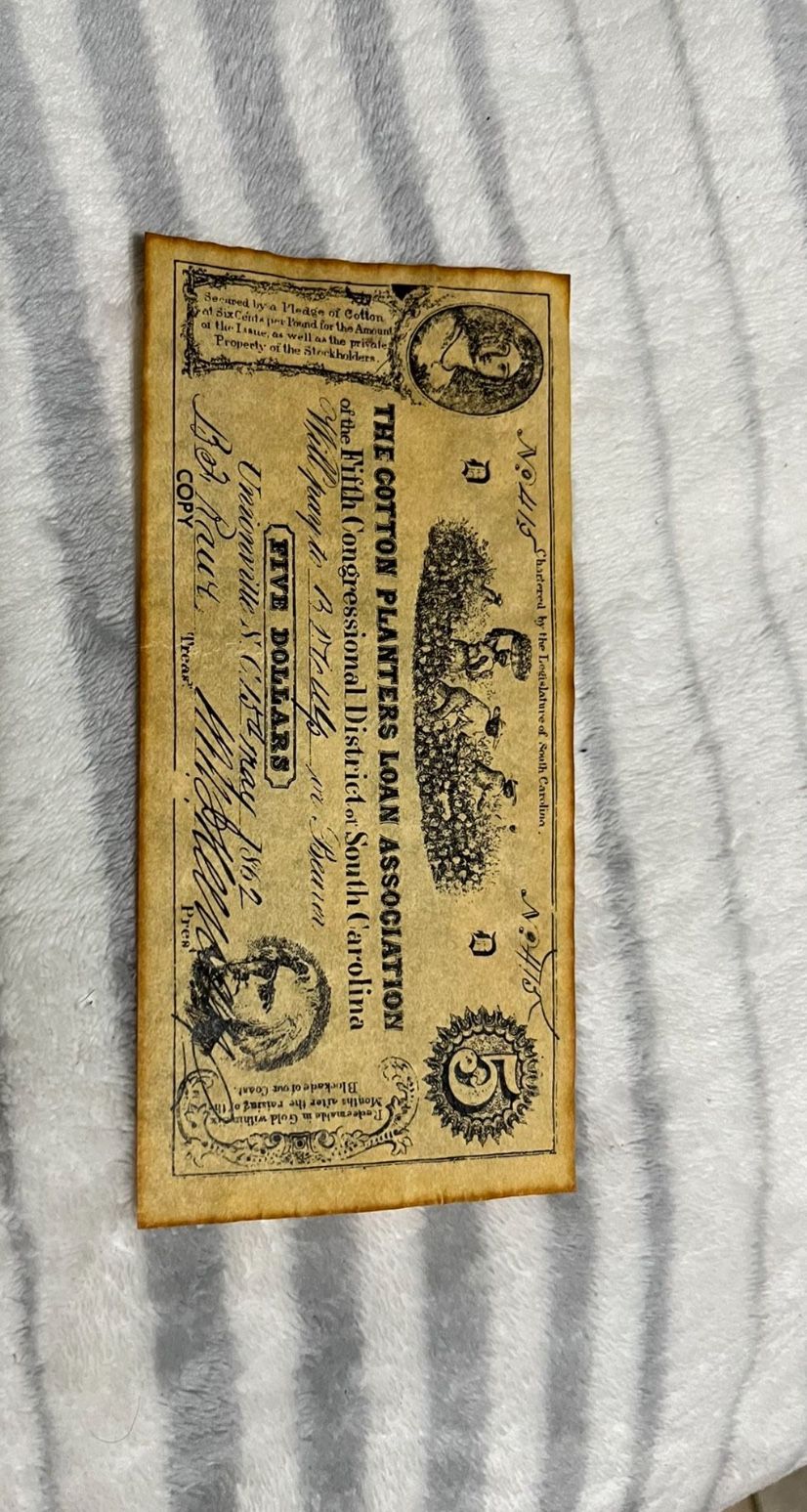 1862 The Cotton Planters Loan Association $5 (Reproduction) Bill