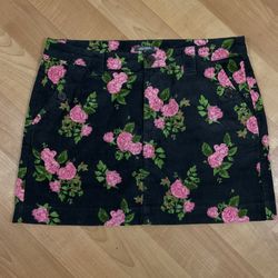 Wild Fable Womens A Line Skirt Size 12 Corduroy Black Pink Roses Floral