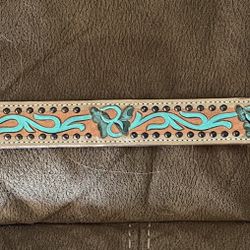 Teal and Leather Dog Collar XL 