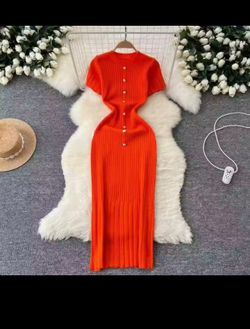 Vibrant Orange-Red Ribbed Knit Sweater Dress - Pearl Button Midi Dress