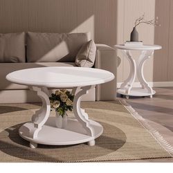 White Round Wood Coffee Table 31x18.3 Inches