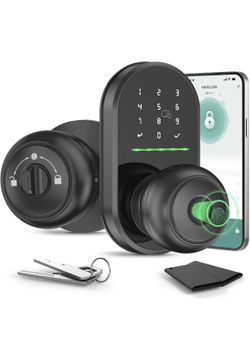 Smart Door Knob with Keypad,5-in-1 Biometric Fingerprint Door Lock,Keyless Entry Door Lock for Bedroom Office Apartment,App Control,Auto Lock,Fits Sta