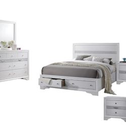 GLAM WHITE FINISH GLITTER BLING PANEL ACCENTS 5 PIECE QUEEN SIZE BEDROOM SET NIGHT STANDS MIRROR DRESSER - CAMA TOCADOR MESA DE LADO ESPEJO