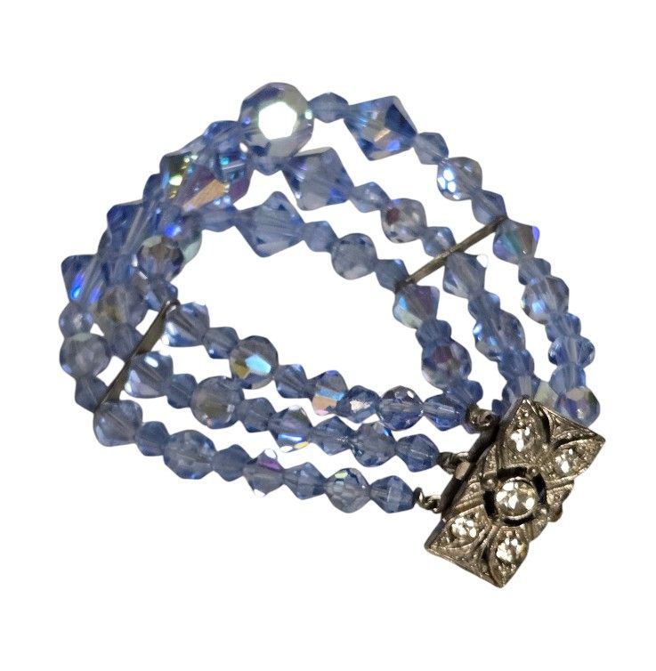 vintage 3 strand blue ab stone beaded bracelet with box clasp