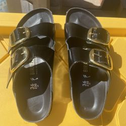 Birkenstock Ladies Size 36 ARIZONA BIG BUCKLE NATURAL LEATHER PATENT