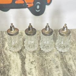 Vintage Indiana Glass Diamond Point Salt & Pepper Shakers - Silver Toppers