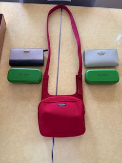 Prices NEGOTIABLE: Five brand new Kate Spade items. Wallets, eyeglass cases, and a red crossbody bag.