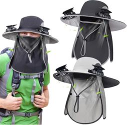 Glitopper 2 Pcs Solar Fan Hats with Face Mask Solar Powered Wide Hat with Fans and Removable Neck Cover, for Fishing Hiking Gardening Cooling, Wide Br