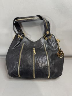 Michael Kors Black Leather Moxley Satchel Handbag Zipper Detail Trim Gold Tone