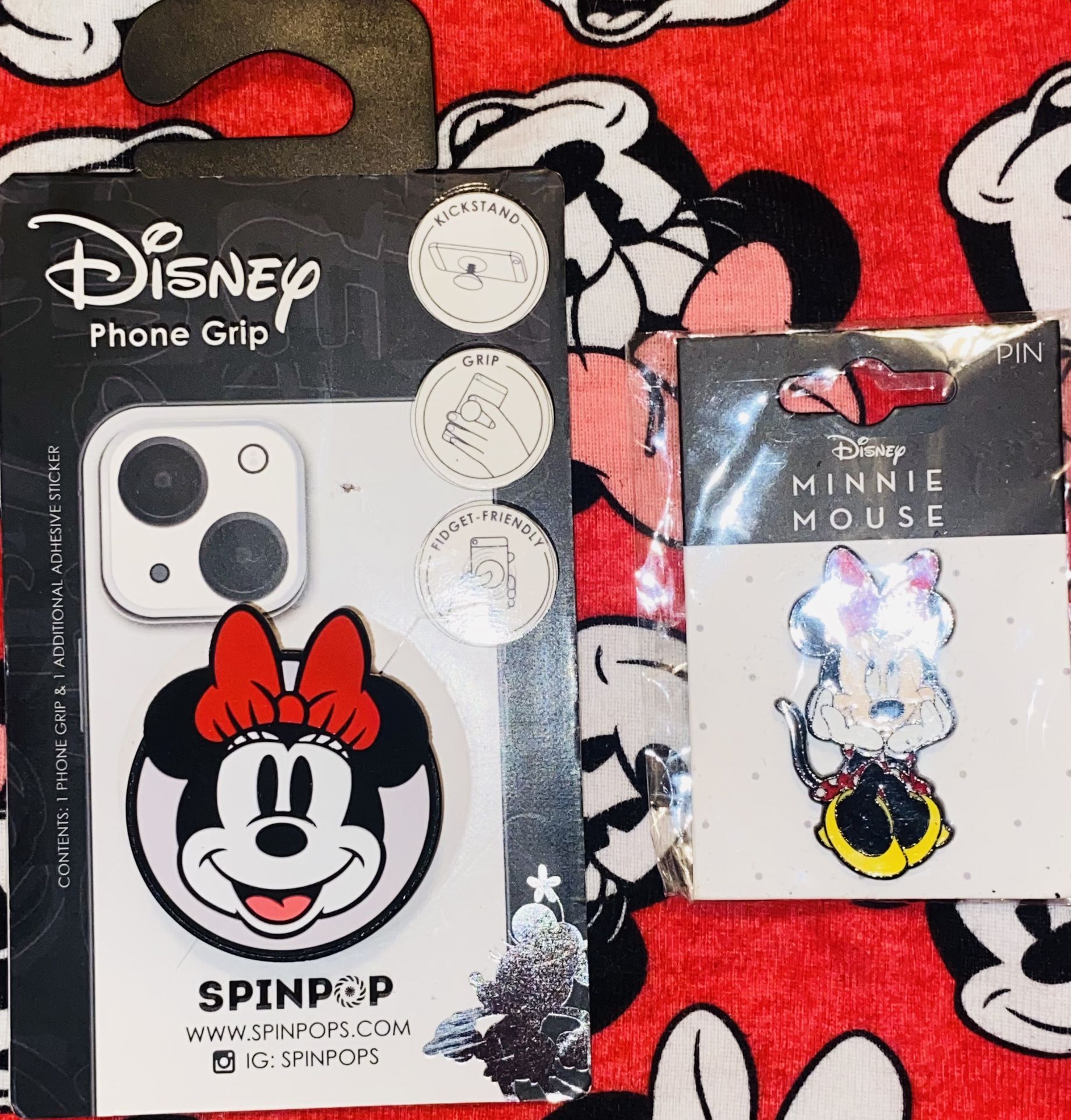 2 SET/🔴🐭🖤🌼✨DISNEY MINNIE MOUSE 🐭 GRAPHIC PHONE📱GRIP &🔴🐭🪩✨MINNIE METAL COLORFUL LAPEL PIN