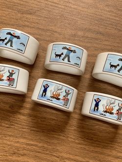 Set Of 6 Villeroy And Boch Napkin Rings Luxembourg. 3 Campfire Scene And 3 Retrieving Wood