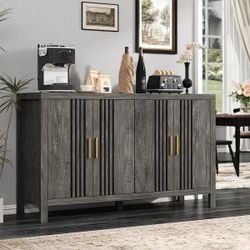 55" Sideboard Buffet Cabinet, Farmhouse Storage Buffet Cabinet With 4 Fence Doors & Gold Handle, Grey Oak