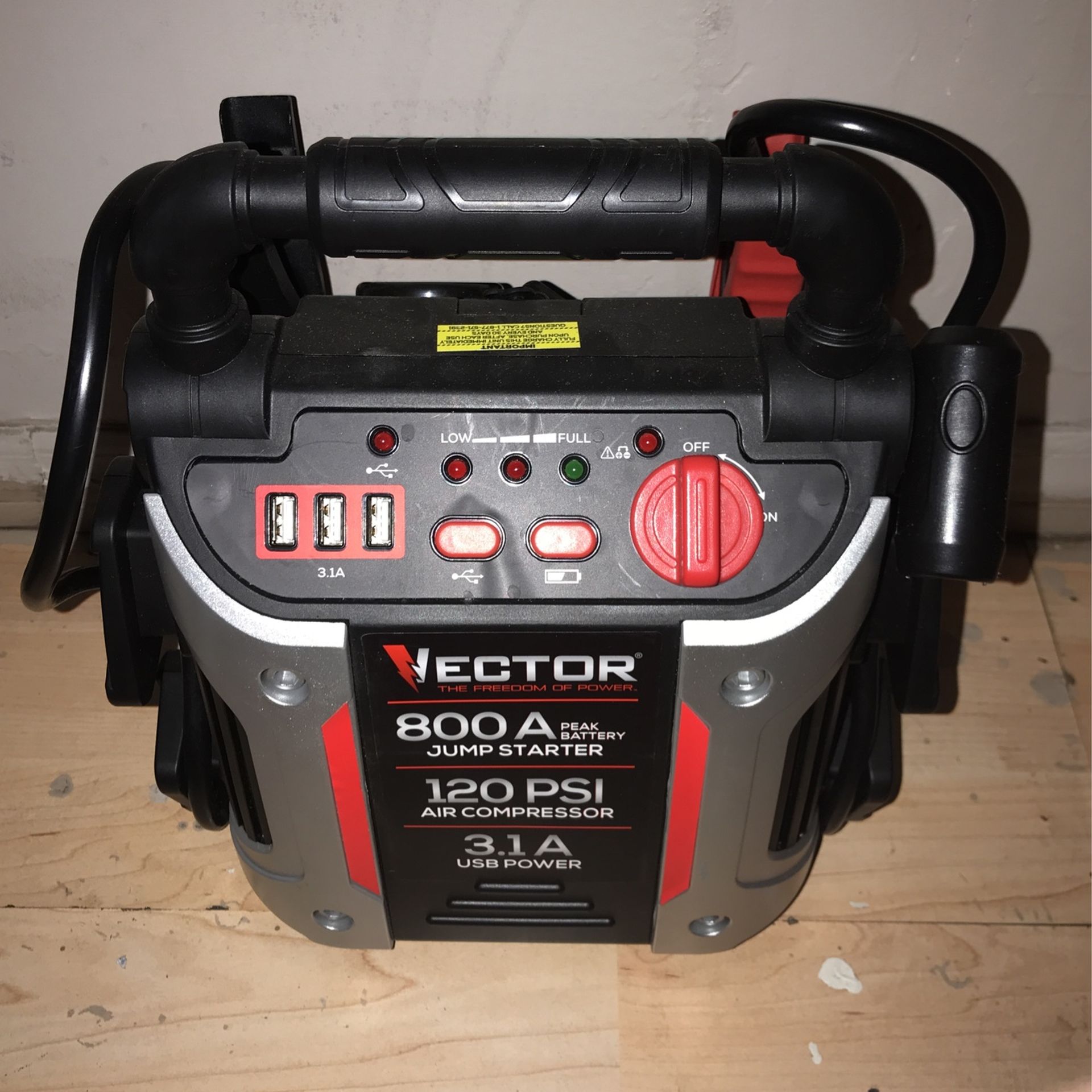 800 Peak Amp Automotive Jump Starter, Portable Power – Triple 15W USB Ports, 120 PSI Air Compressor