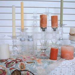 Glass Taper Candle Holders Set - Candles, Pier 1 Table Runner, Candlesticks, Harvest/ Fall Table Setting, Etc. 