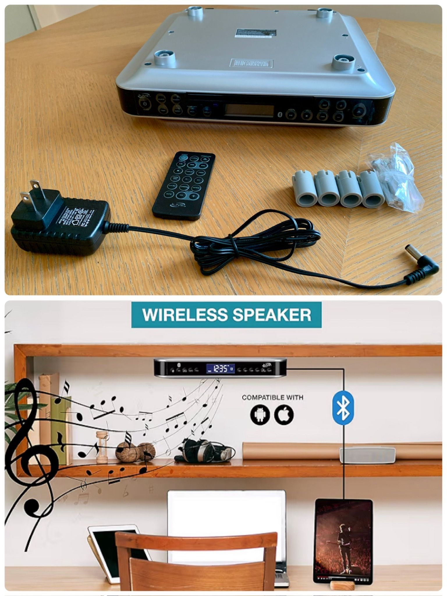 iLive Bluetooth Under Cabinet Radio (FM) CD Player and MP3 Player, Bluetooth, USB, AUX in, MP3, CD, Music System with Kitchen Timer