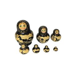 Russian Matryoshka Nesting Doll Set 7 Black Gold Horses Hand Painted Russia