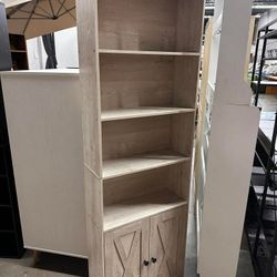 Farmhouse Bookcase with Doors 11.8 in Depth Display Storage Shelves 71.4 in Tall Industrial Bookshelf Wooden 6 Shelf Bookshelves