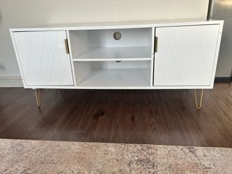 Modern White TV Stand with Storage | Gold Legs | 43.5”