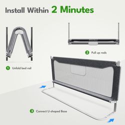 Toddler Bed Rails with 2 Minutes Assembly, Foldable Bed Guard Rail for Toddlers, Bed Rail for Toddlers with Large U-Shape Base, Bed Rails for Queen Be