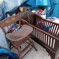 Vintage Mahogany Rockin' Cradle And Oak High Chair 