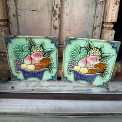 2 Vintage Rare Japenese Fruit Basket Tile