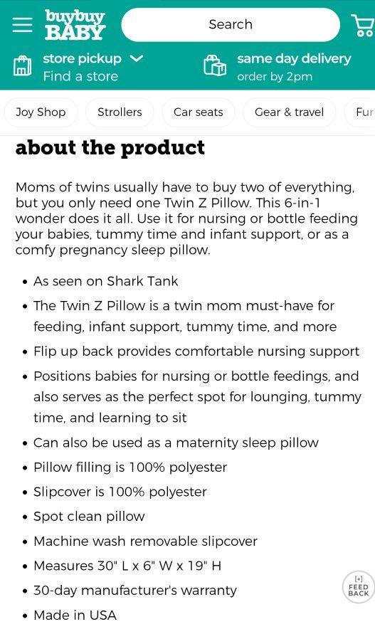 Twin Z Pillow for Nursing with Green Slipcover