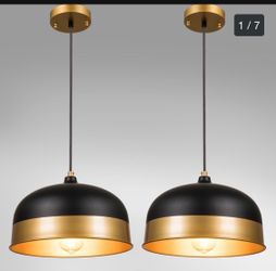 New in box Set of 2 Matte Black and Gold Pendant Lights (HN)