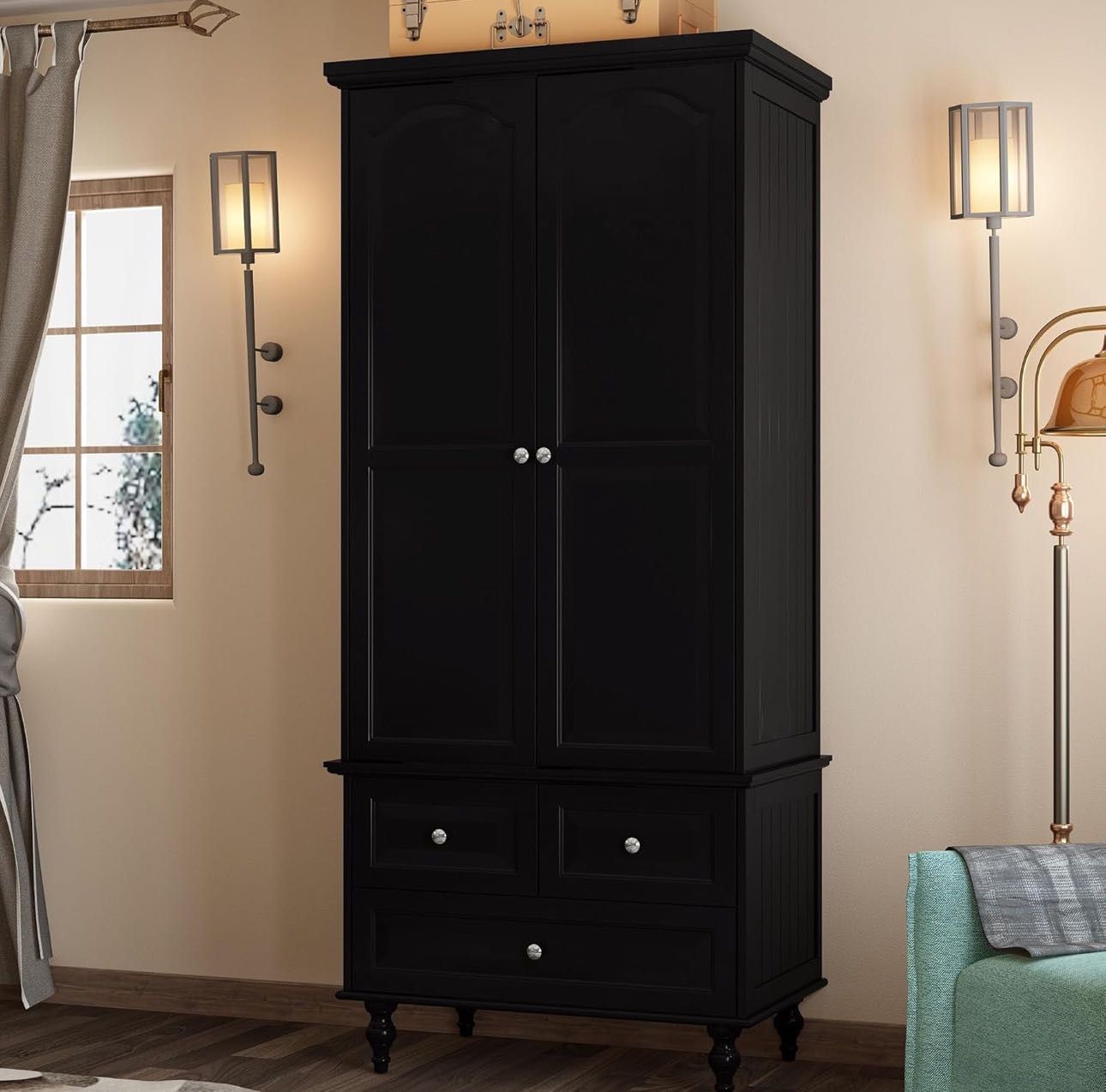 😀Wardrobe Closet Armoire with 2 Doors, 3 Drawers, 4-Tier Storage Shelves & Hanging Rod, Wooden Clothes Storage Cabinet for Bedroom, Black