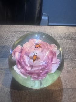 Vintage Glass Paper Weight Or Decorative Piece.. Rose With Bumble Bees